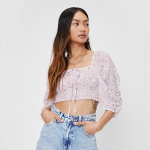 Nasty Gal Purple Floral Print Cropped Tie Front Blouse